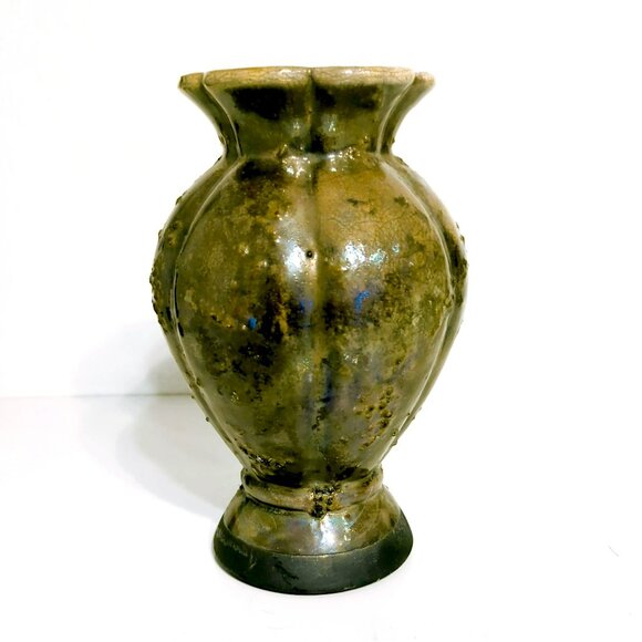 Vintage Tony Evans Designs Studio Raku Pottery Vase Brown Iridescent Textured - Picture 2 of 6